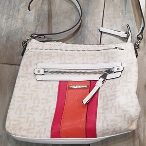 Color block purse cream beige label with orange an